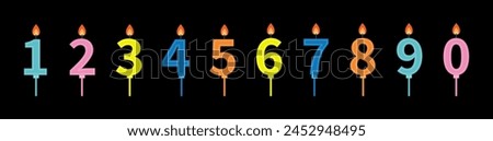 Happy Birthday candle number set line. Numbers with fire flame. Different bright color. Clip art elements template for invitation, birthday card. Flat design. Black background. Isolated. Vector