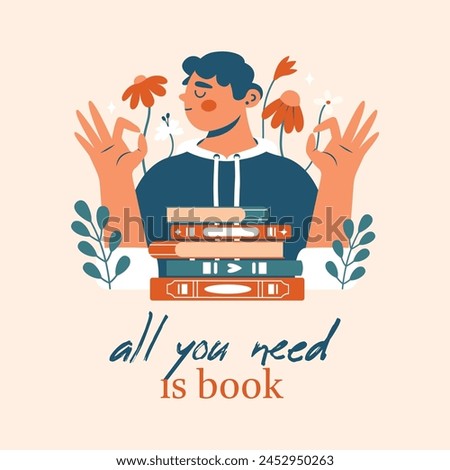 Square card with book lover. Young man with stack of books in hoodie shows ok gesture with hands. Clip art with cartoon cute boy, student with closed eyes. Love for education, reading literature. 
