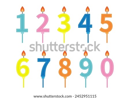 Happy Birthday candle number set. Numbers with fire flame. Different bright color. Flat design. Clip art elements for invitation, birthday card. White background. Isolated