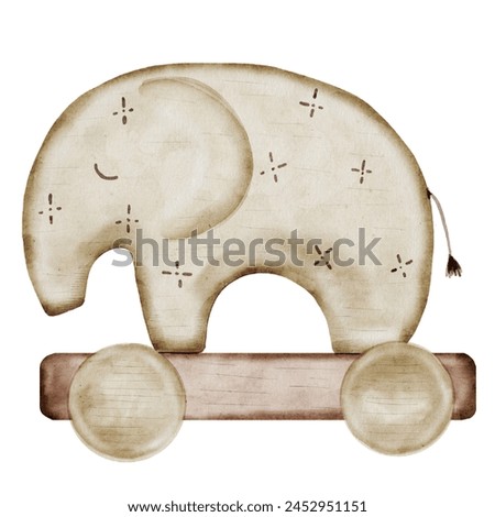 Baby wooden toy. Watercolor drawing of a wooden elephant on wheels. Clip art isolated on white background.Scandinavian retro fun for children's games. Ideal for posters, room vinyl decals, cards and