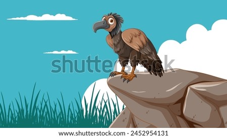 Cartoon vulture standing on a stone, blue sky