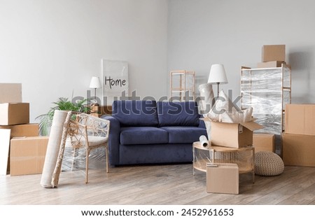 Cardboard boxes, sofa and furniture in new living room on moving day