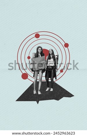Composite collage picture of two black white colors girls hiking hold map isolated on creative background
