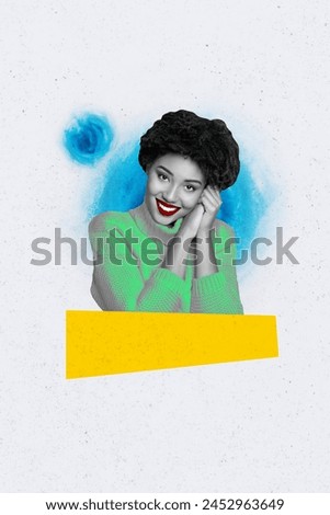 Sketch image trend composite photo collage black white colored portrait of young afro retro vintage woman hold hands together hear face