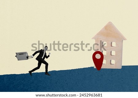 Trend artwork sketch image composite 3D photo collage of young guy hold baggage in hand run straight find hotel point vacation trip relax