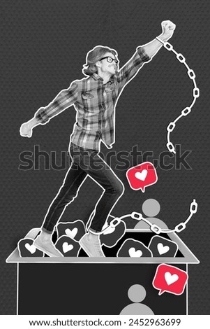 Vertical creative collage picture young cheerful man superhero rise hand box blogger social media reaction feedback addiction free