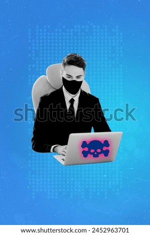 Creative vertical collage picture young businessman entrepreneur laptop skull danger infection virus cyber security data safety