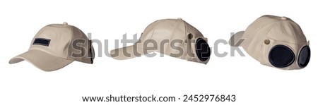 beige baseball cap with leatherette with glasses isolated on a white background. sporty style. summer hat.set of three hats