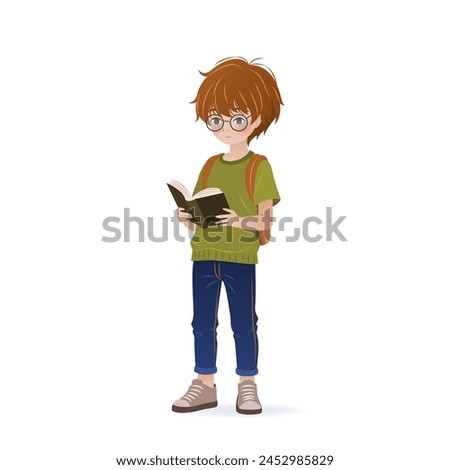 Cute little boy is holding book in his hands and reading it. isolated vector illustration on white background. Cartoon kid for educational designs, book club, world book day. Clip-art.