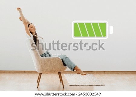 Icon of full battery charge and girl sitting on a chair and relaxing