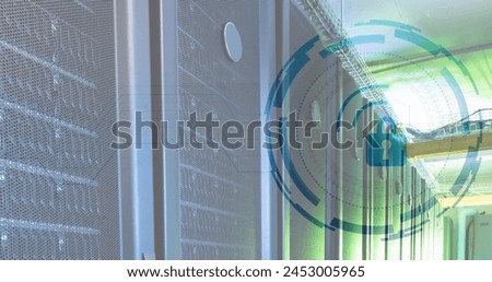 Image of padlock in loading circles over data server racks in server room. Digital composite, protection, network security, data center, networking, technology and network server concept.