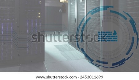 Image of firewall icon in loading circles over illuminated server racks in server room. Digital composite, protection, security, data center, networking, technology and network server concept.