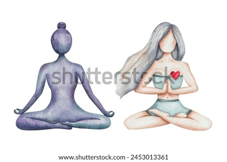 Watercolor set of illustrations. Hand painted yoga girl sitting in lotus position, meditation, namaste. Padmasana. Woman. Blank face. Fitness, work out, exercise. Isolated sport clip art. Yoga studio