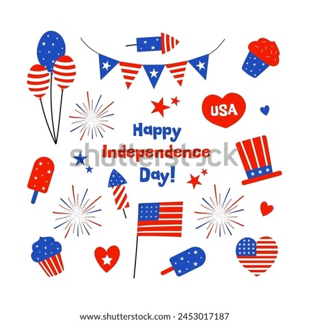 4th of July USA Independence Day design elements collection, Vector illustration set of clip arts isolated on white background. Cute, simple, hand drawn flat cartoon style. Graphics in American flag