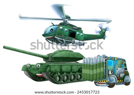 cartoon scene with two military army cars vehicles tank cistern with forklift and flying machine helicopter mechanical soldiers theme isolated background illustration for kids