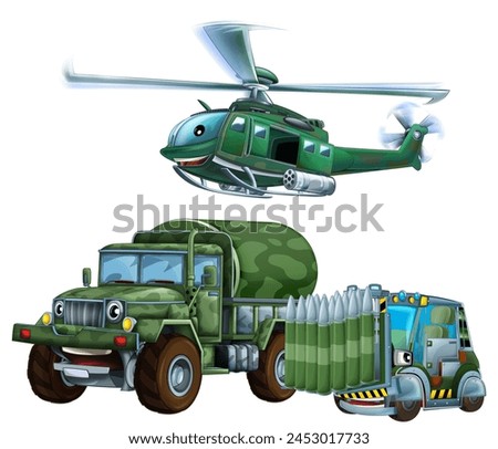 cartoon scene with two military army cars vehicles tank cistern with forklift and flying machine helicopter mechanical soldiers theme isolated background illustration for kids