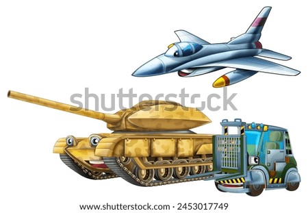 cartoon scene with two military army cars vehicles tank cistern with forklift and flying machine jet fighter plane mechanical soldiers theme isolated background illustration for kids