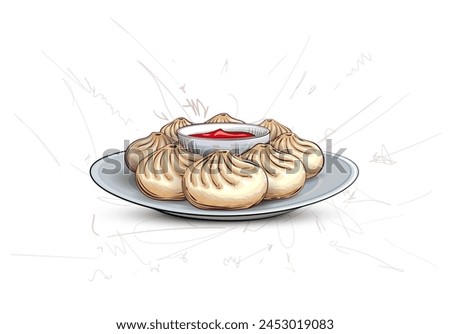 illustration Chinese food Momos Vector. Momos with sauce in plate . Hand drawn Chinese Food  on isolated background.