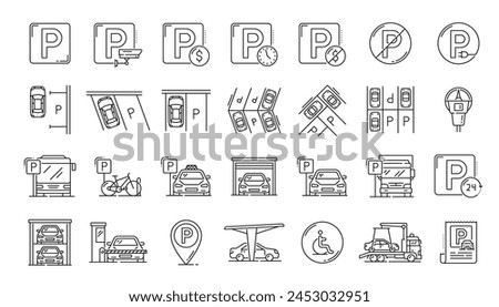 Automatic garage service and parking line icons, car park and vehicle valet, vector linear symbols. Parking lot icons and signs for automated garage 24 hours, bicycle and disabled access to parking Royalty-Free Stock Photo #2453032951