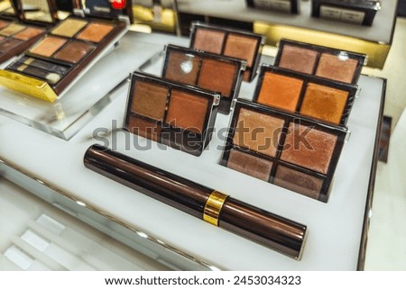 Brushes, shadows, blush and professional cosmetics on the makeup artist's table. Everything for applying makeup. Suitable for your beauty blog. Make up the most necessary things. Flatly.
