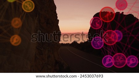 Image of social media icons and rocky shore with sea landscape. Global social media, communication and connections concept digitally generated image.