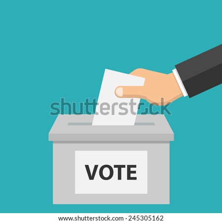 Voting concept in flat style - hand putting paper in the ballot box Royalty-Free Stock Photo #245305162