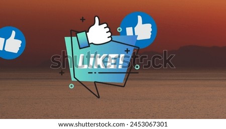 Image of social media icons over sunset and sea landscape. Global social media, communication and connections concept digitally generated image.