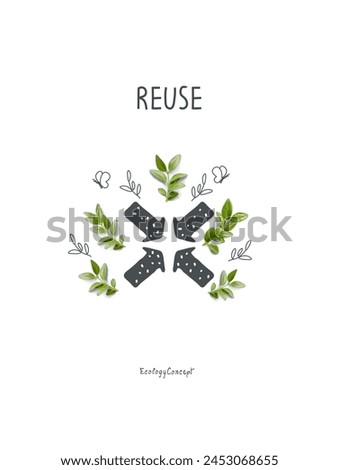 Vector cartoon sketch of reuse sign with green leaves. Sustainable lifestyle. Plastic free ecological poster. Zero waste Concept.