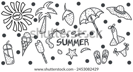 Summer doodle Set with palm tree, flip flops, bikini, dots, hat, fresh juice, sun. Text summer. Vector hand drawn illustration in black and white colors. Isolated on white background	