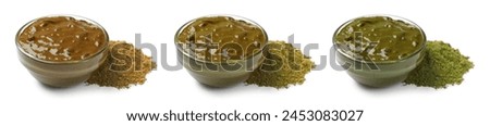 Henna paste and powder of different colors isolated on white, set