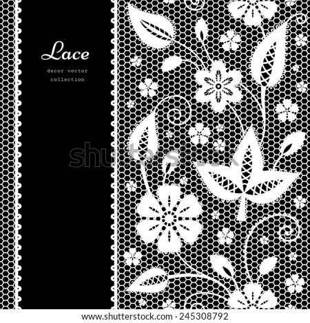 Floral lace vector background with white seamless lacy border ornament on black