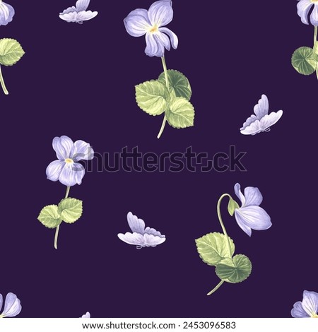 Flowers Violet Seamless pattern Dark background. Watercolor garden pansy. Hand drawn illustration spring blossom. Meadow wild Viola. Botanical template for wallpaper, scrapbooking, wrapping, textile.