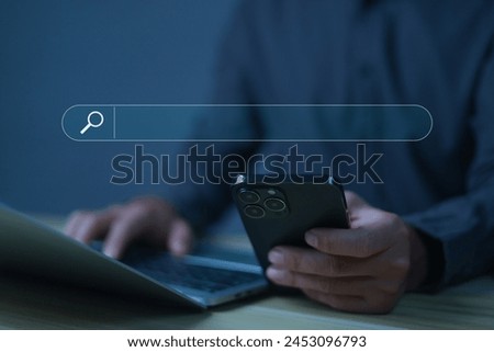Use technology on the computer mobile phones and laptops to search for information and content on the internet online websites Ideas for increasing business efficiency in data, media and social media