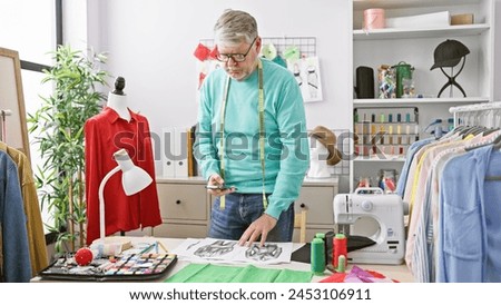 A mature man tailoring in a well-equipped atelier, examining fashion designs amidst mannequins and sewing items.