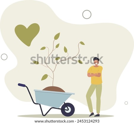 planting trees and plants seedlings. Character trying to save planet earth from climate change.