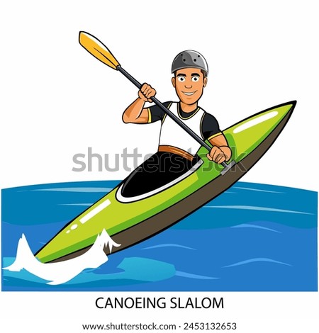 Canoeing slalom athlete isolated on white background in cartoon style. Summer Games 2024. Vector illustration.