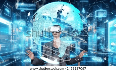 Businesswoman looking around analyzed world circle finance data graph turn on through VR glasses global market interface digital infographic network technology visual hologram animation. Contraption.