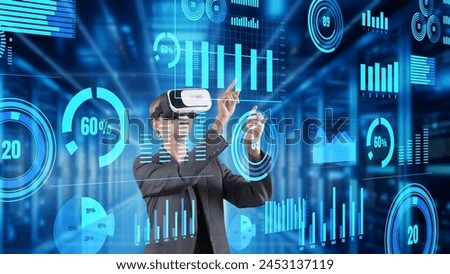Businesswoman user moving big data selecting dynamic market stock graph monitor by VR future global innovation interface digital infographic network technology visual hologram animation. Contraption.