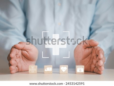 Healthcare and insurance concept Selective cross sign on wooden block and with medical icons on wooden block Make people aware of the advantages and health care