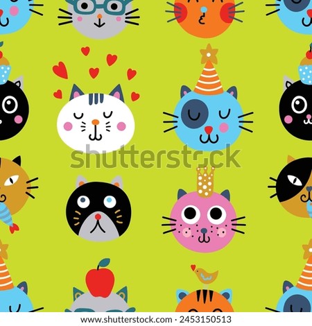 Cute colorful seamless background with funny cats. Can be used for wallpaper, pattern fills, web page background,textile, postcards.
