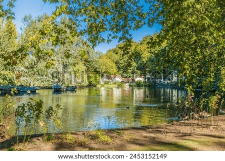 A view of St. James's Park lake in St. James's Park, London, England, United Kingdom, Europe