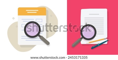 Review analyzing document form icon graphic illustration set, text file doc audit inspection, study paper assess examining research, education learning application claim search image clip art