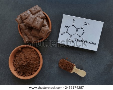 Chemical formula of theobromine molecule with dark chocolate and cocoa powder. Theobromine is an alkaloid compound found naturally in the cocoa plant. Cacao and chocolate as sources of theobromine. Royalty-Free Stock Photo #2453174257