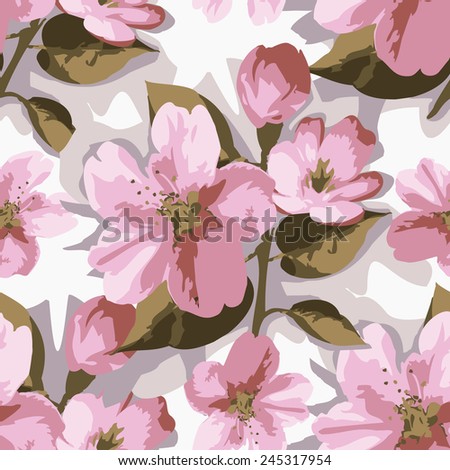 Seamless vector pattern with stylized fresh apple blossom flowers