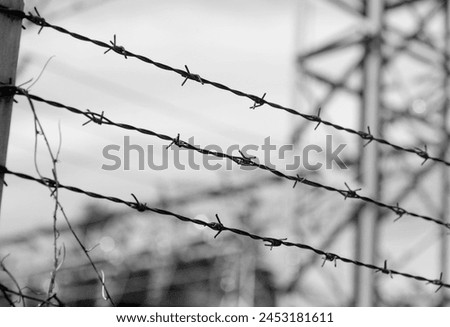 strands of barbed wire along the fence of the impassable area to segregate the prisoners and prevent their escape Royalty-Free Stock Photo #2453181611