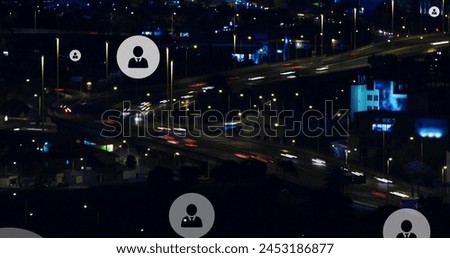 Image of multiple profile icons over time lapse of moving vehicles on bridge in city. Digital composite, multiple exposure, business, shape, abstract, transportation and technology concept.