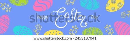 colored eggs around Happy Easter day lettering web banner, background for poster, cover, postcard, banner, Restaurant, cafe menu, holiday decoration, greeting card, web banners, packages