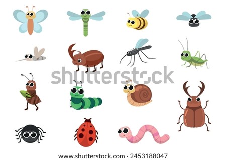 Insects set flat design. Cute cartoon bugs, snail, butterfly, warm, bee. Childish illustration.