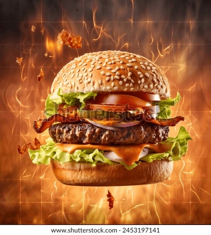 Four-layer hamburger, High-Resolution image, sweet, hot fire