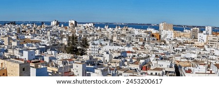 Stunning panorama of ancient Cadiz: house roofs, port, container yard, and bay. Perfect for designers and desktop wallpapers.